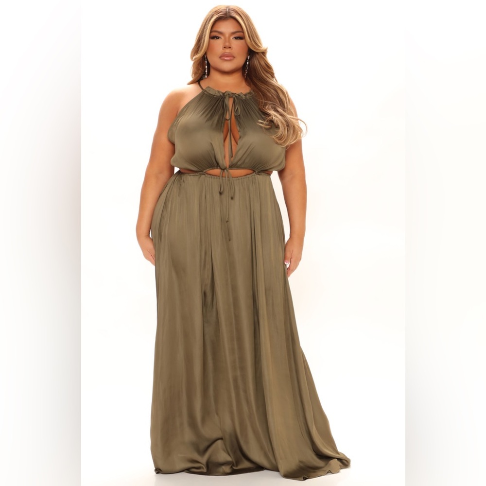 NWT Fashion Nova Salina Satin Maxi Dress,3XL,Olive Green,Cutout,bohemian